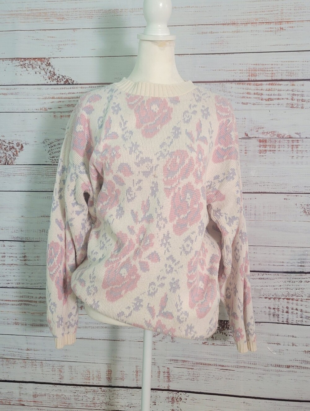 Vintage '80S Pink And Purple Floral Granny Knit Sweater Size Medium